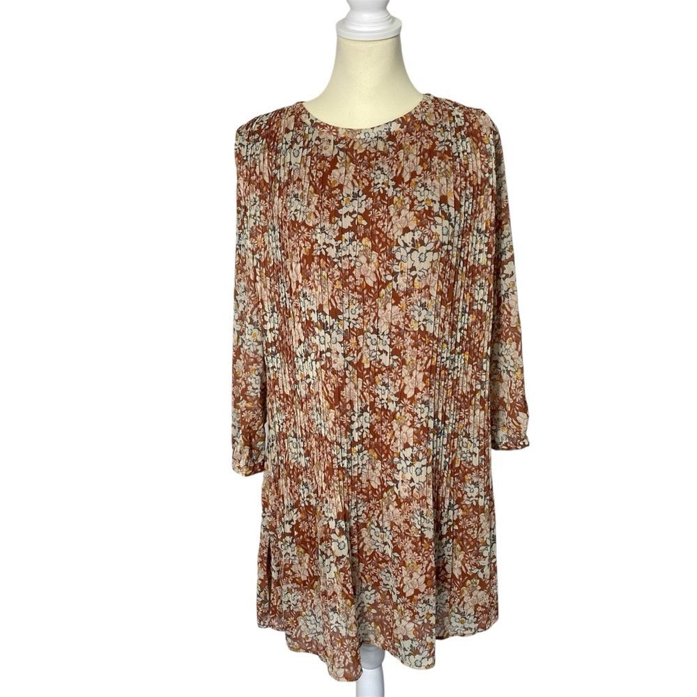NWT Mystree Rust Color Floral Pleated Long Sleeve Shift Dress Women's Size Small
